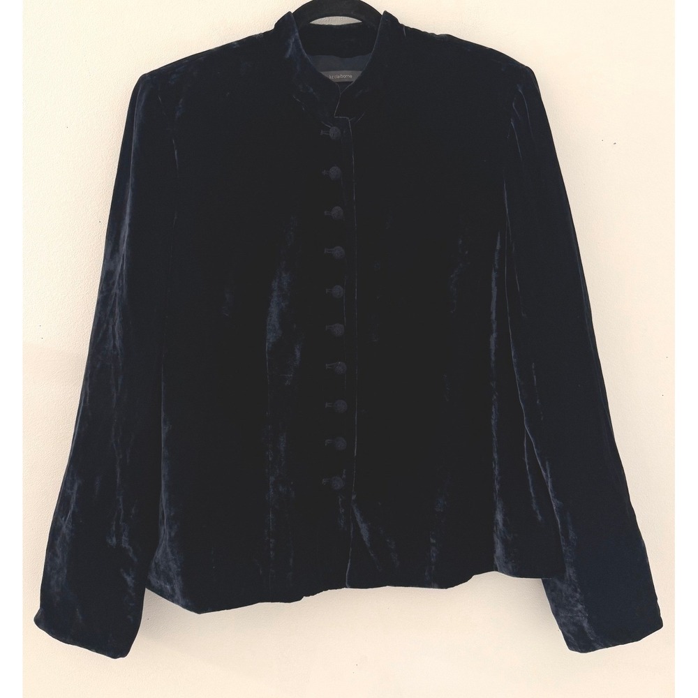 Liz Claiborne Navy Crushed Velvet Button Front Blazer Jacket Size 14 Whimsigoth